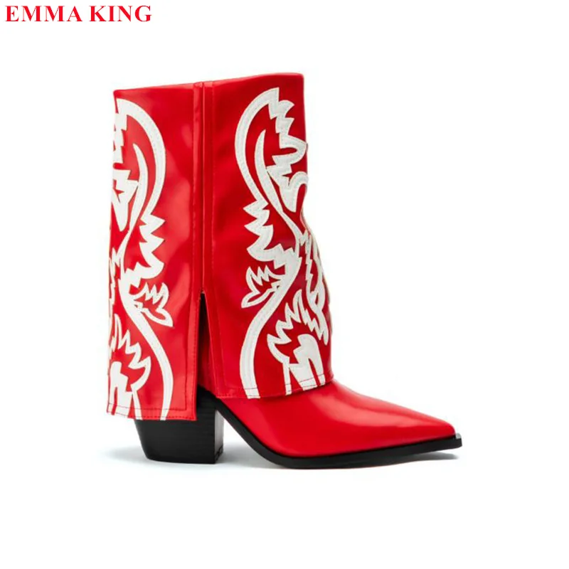 Женские ковбойские ботинки с вышивкой красные в стиле ретро на массивном высоком