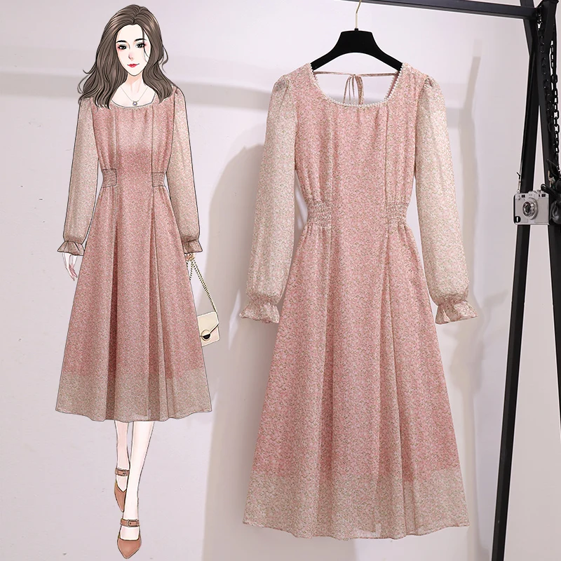 

Chiffon Women's Mid Length Dress Casual Fashion Summer Loose Floral Print Lotus Leaf Collar Long Sleeve Female Clothing