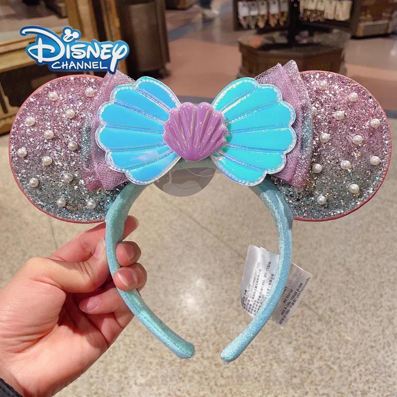 Фото Disney Русалка Ариэль в виде ракушки с жемчугом повязка на голову для взрослых/детей Диснейленд градиент осветляющая пудра с бантом для ушей женский рождественский подарок №1