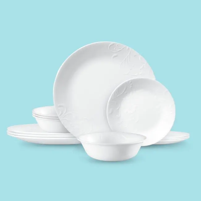 

® Madeline Embossed, 12 Piece, White, Dinnerware Set