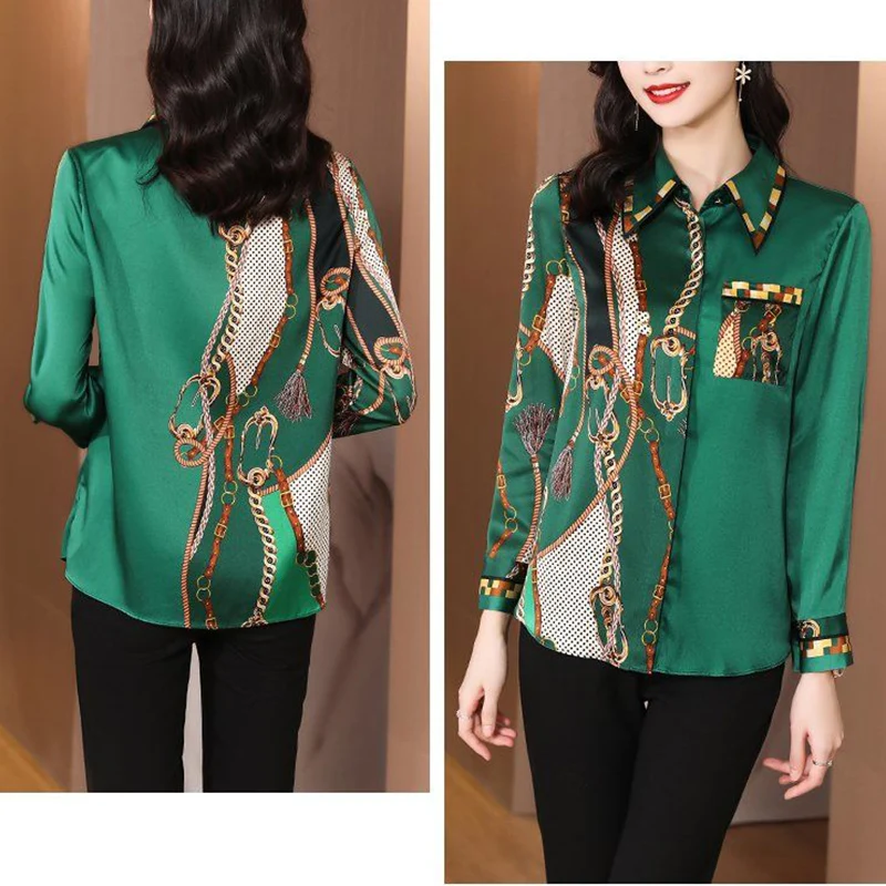 2022 Spring Women Korean New Patchwork Printed Satin Blouses Vintage Elegant Fashion Office Lady Shirts Casual Long Sleeved Tops images - 6