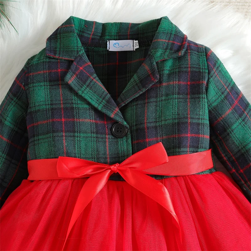

Christmas Kids Girls Plaid Dress Big Bowknot Long Sleeve Patchwork Tulle Tutu Dress Princess Party A-line Dress