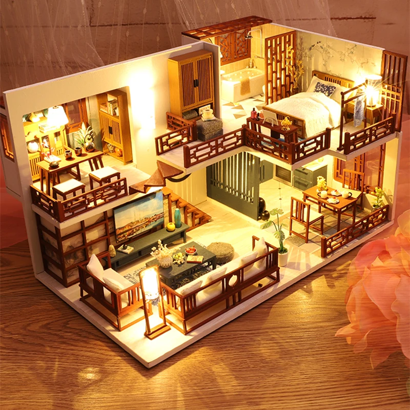 cutebee diy dollhouse kit wooden miniature dollhouse doll house with furniture led lights toys for children christmas gift free global shipping