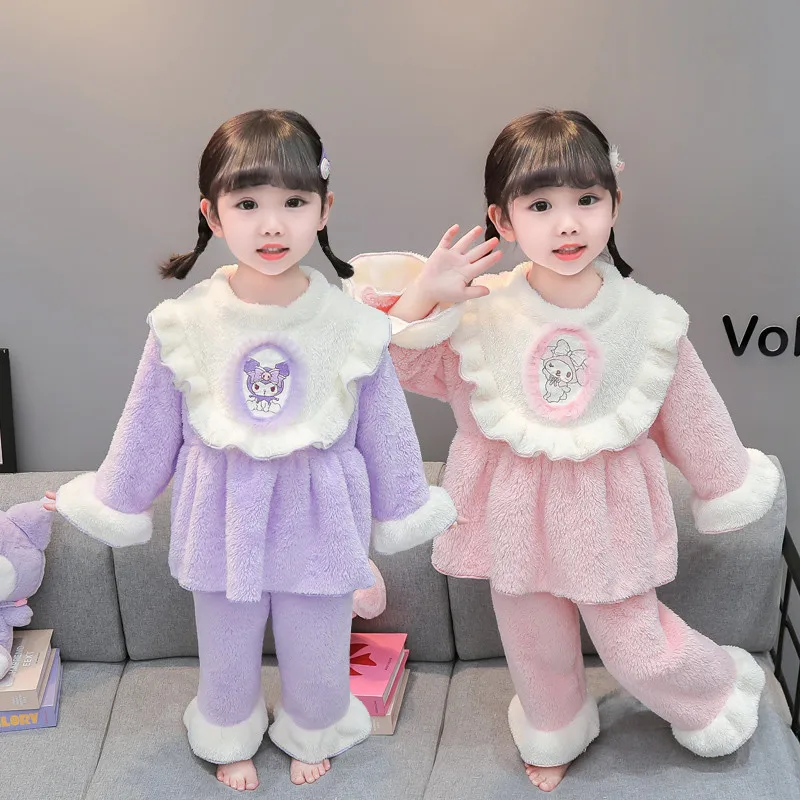 

Sanrio Children Kuromi Flannel Pajamas Suit Anime Figure Tracksuit Thicken Autumn and Winter Keep Warm Kawaii Cartoon New Style