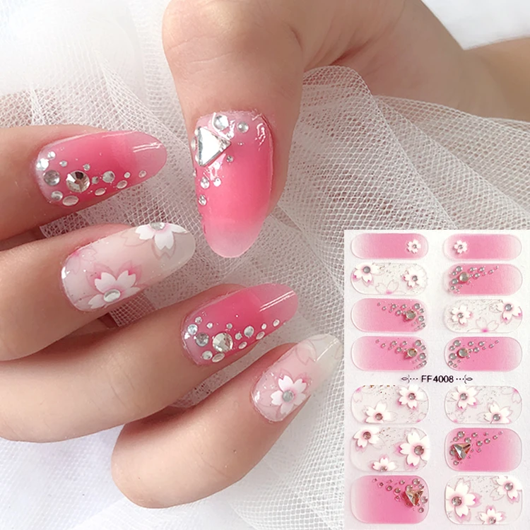 

1sheet 3D Sticker with Rhinestones Nail Art Stickers Spring Flowers Decal Wraps DIY Full Cover Adhesive Nail Decoration Manicure