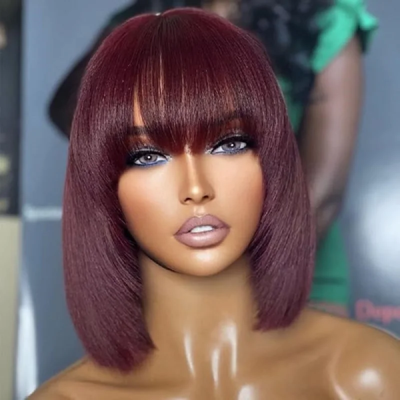 

Straight Short Human Hair Wigs With Bang 99J Burgundy Bob Wigs Full Machine Made Brazilian Remy Human Hair Wigs for Black Women