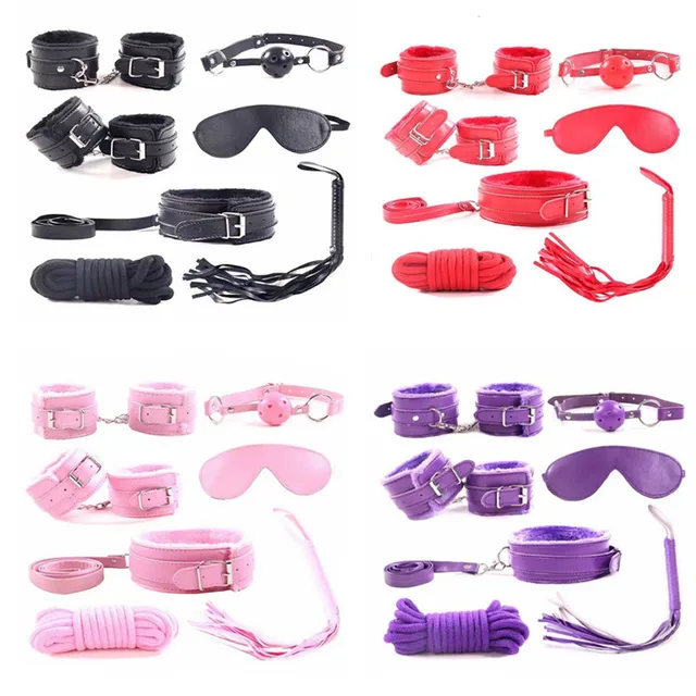 7pcs/set SM Bondage for Woman PU Leather Set Sex Handcuffs Footcuffs Whip Rope Eye Mask Blindfold Erotic Toys Couples 1
