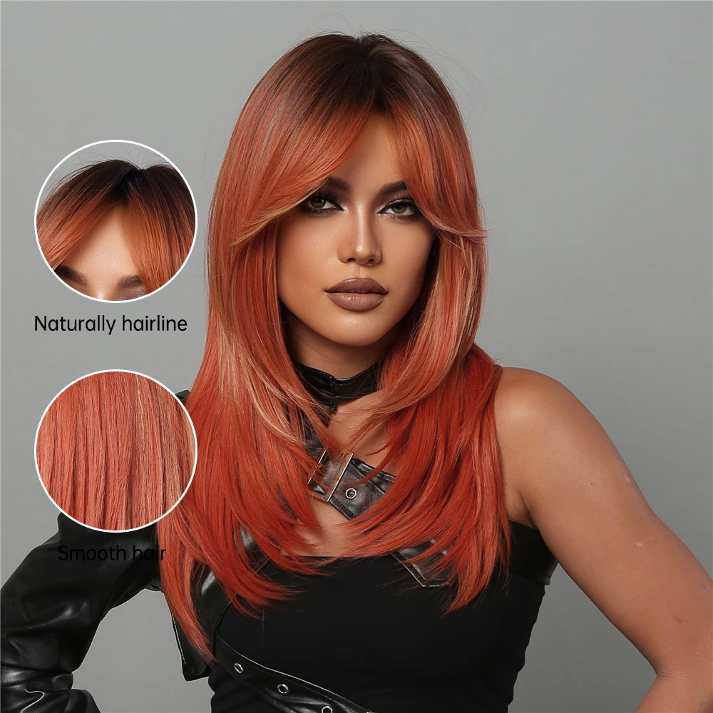 Orange Straight Synthetic Wigs Long Highlight Hair Wigs with Bangs for Black Women Cosplay Medium Wig Heat Resistant Daily Use