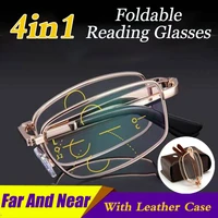 2022 bifocal folding reading glasses with leather box men women collapsible metal lenses eyewear farsighted eyeglasses diopter