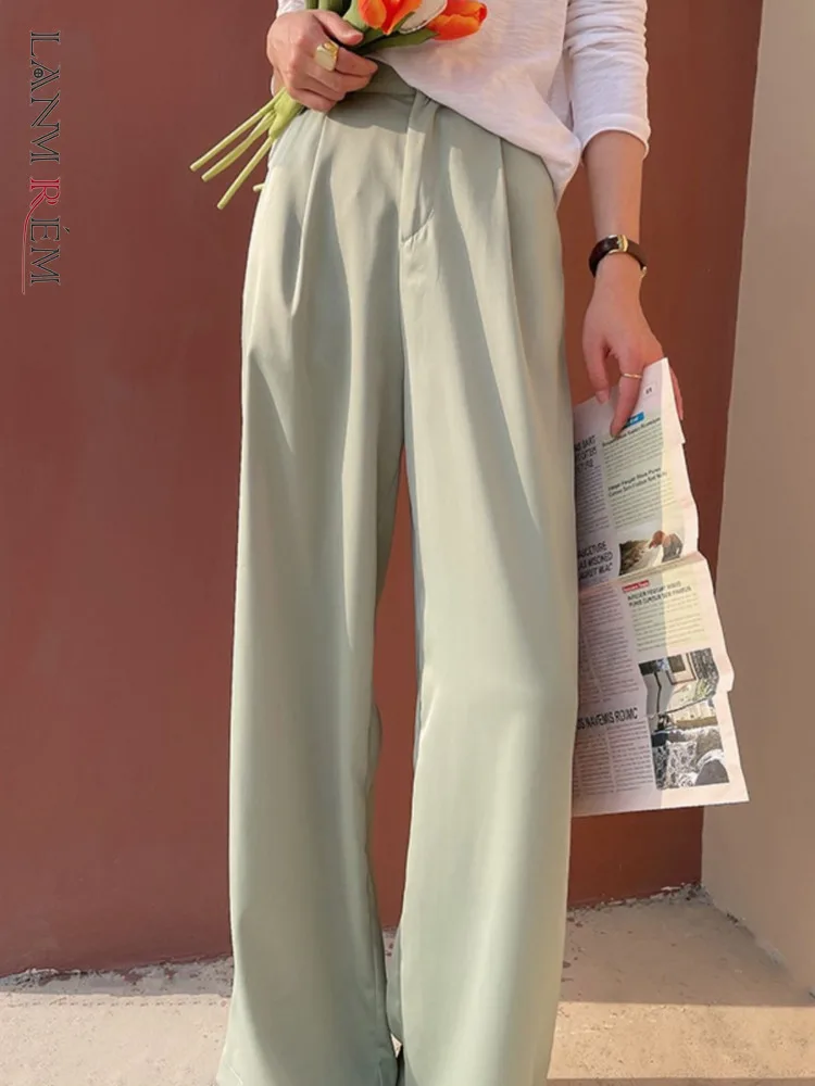 

LANMREM повседневные Прямые брюки для женщин с высокой талией на одной пуговице, тонкие широкие брюки, однотонная женская одежда, новинка 2023, 2YA3563