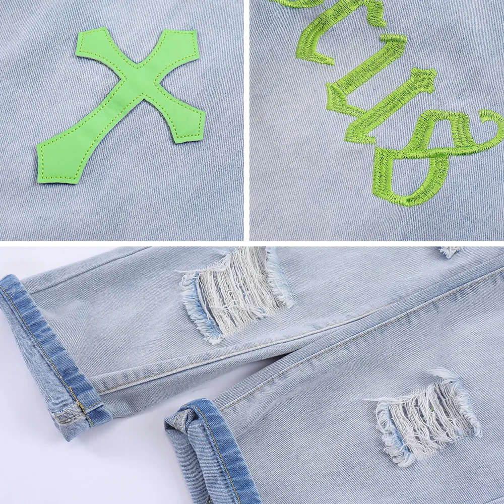 2023 Ripped Retro Hole Cross Embroidery Casual Denim Trousers Men Women High Street Washed Straight Oversized Y2k Jeans Pants