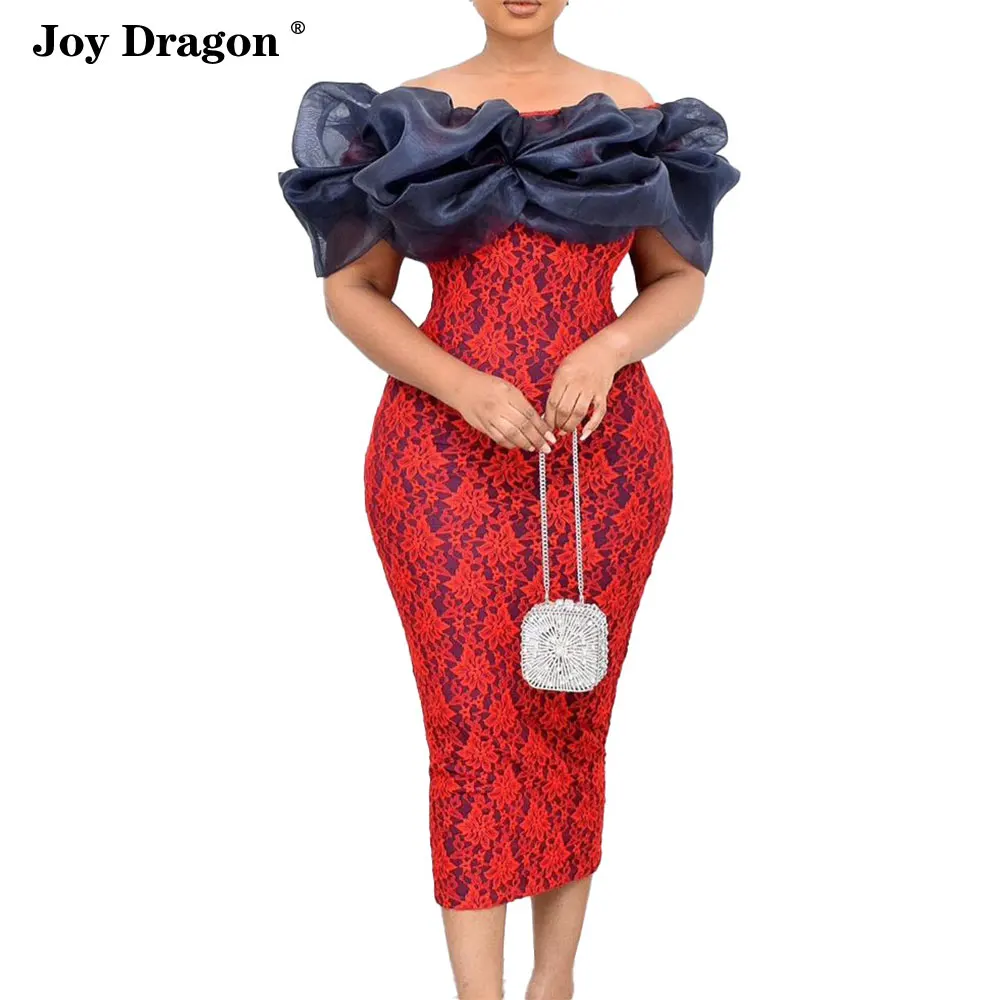 

Plus Size Women Off Shoulder Lace Dress New Spring Summer Fashion Package Hips Mesh Bodycon Skirts Ladies Party Dresses 3 Colors