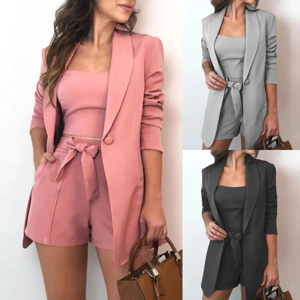 

2021 summer new fashion ladies suit long-sleeved suit jacket solid color jacket shorts vest three-piece suit loose suit for work