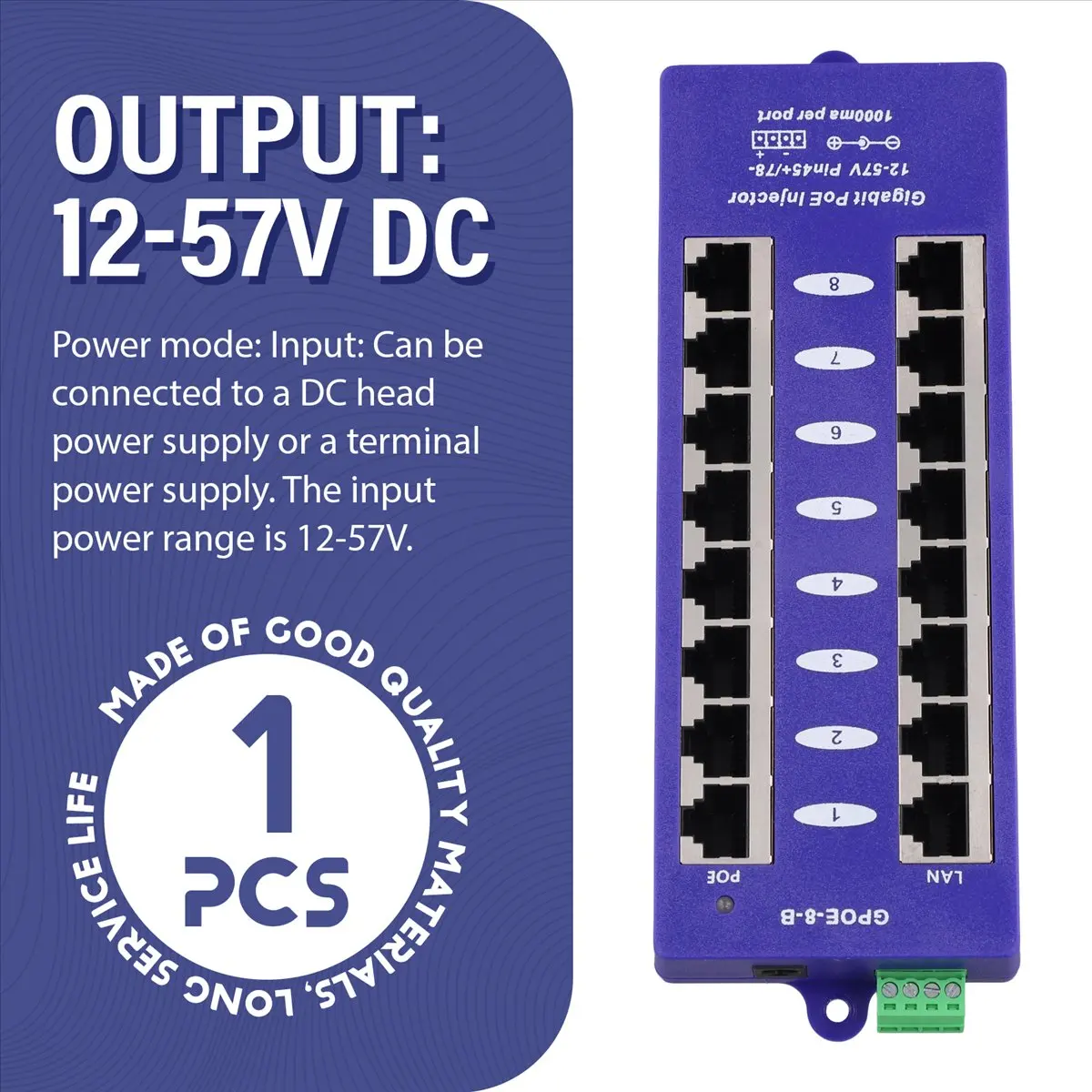 Фото (ABPO) Новый PoE-инжектор 802.3af Mid-Span, режим B (4/5+,7/8-), пассивный гигабитный 8-портовый PoE-инжектор для сетей UBNT и систем видеонаблюдения №1