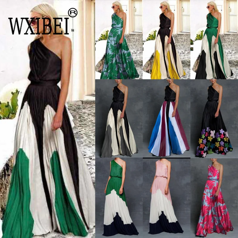 

WXIBEI Black Dress For Women Diagonal Collar One Shoulder High Waist A Line Length Hit Color Dresses Female 2023 Clothes FC712