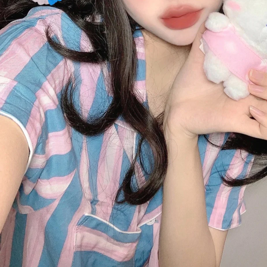 Color-blocked Striped Pajamas Women's Short-sleeved Shorts Summer Korean Women's Cotton Loungewear Two-piece Suit Kawaii Pajamas