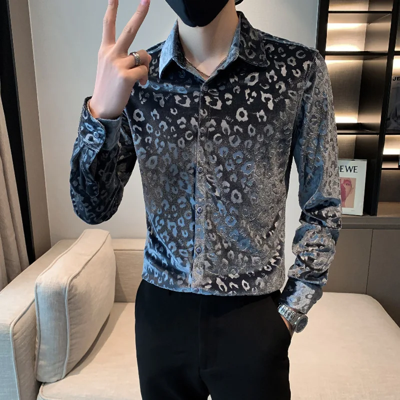 

2022 spring new men's velvet long-sleeved shirt Korean casual shirt fashion casual leopard shirt men button up shirt