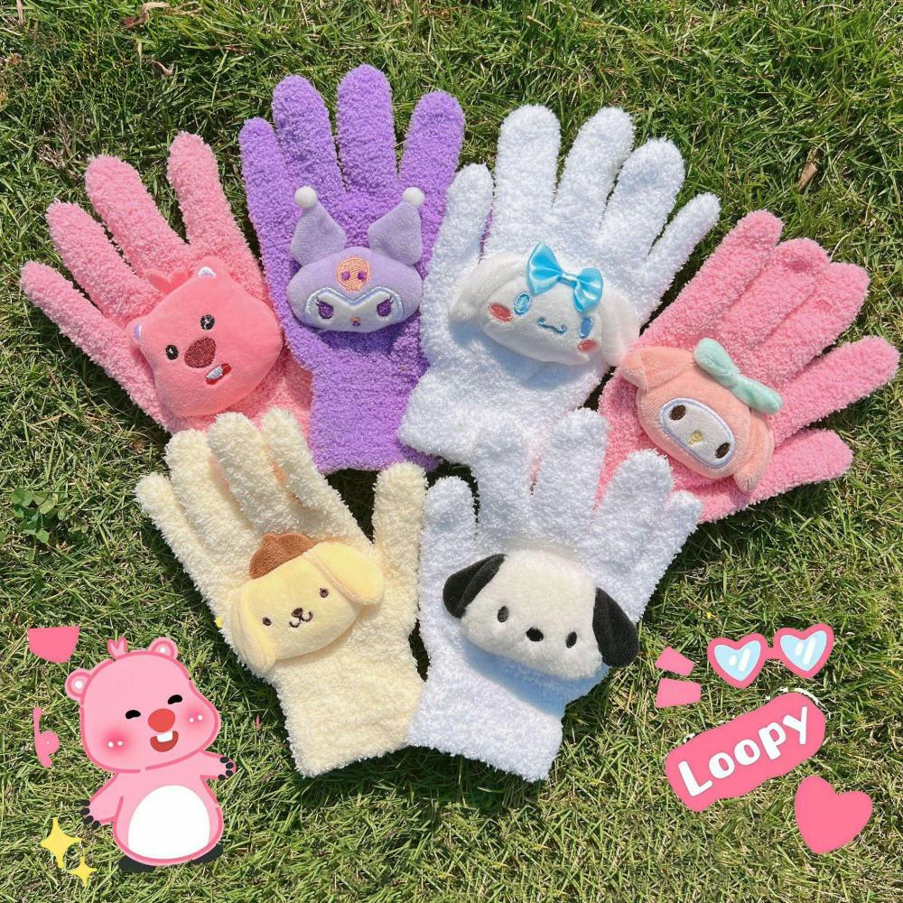 

Sanrio Cute Kuromi Pochacco Melody Purin Little Beaver Loopy Plush Gloves Coral Velvet Student Cycling Split Finger Gloves