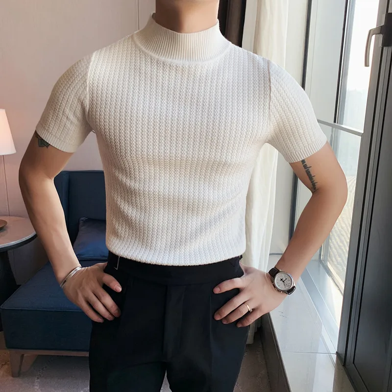 

Summer Mens Short Sleeve Knitted Sweater Men Clothing Solid All Match Slim Fit Stretched Turtleneck Casual Pullovers Sweater