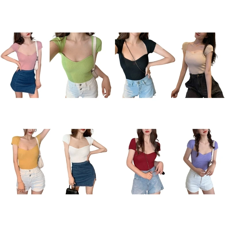 

Женская летняя футболка с коротким рукавом и квадратным вырезом