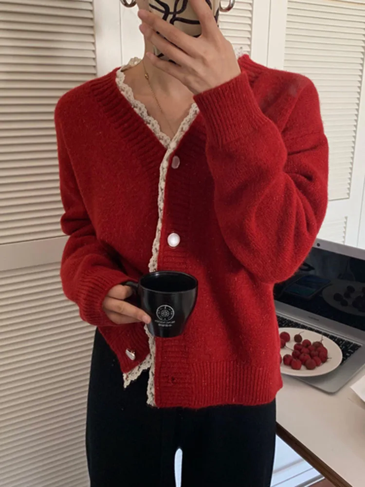 

DFRCAEG Fall 2022 Women Fashion Sweaters V Neck Collar Lace Patchwork Long Sleeve Tops Korean Streetwear Outfit Knitted Jumper