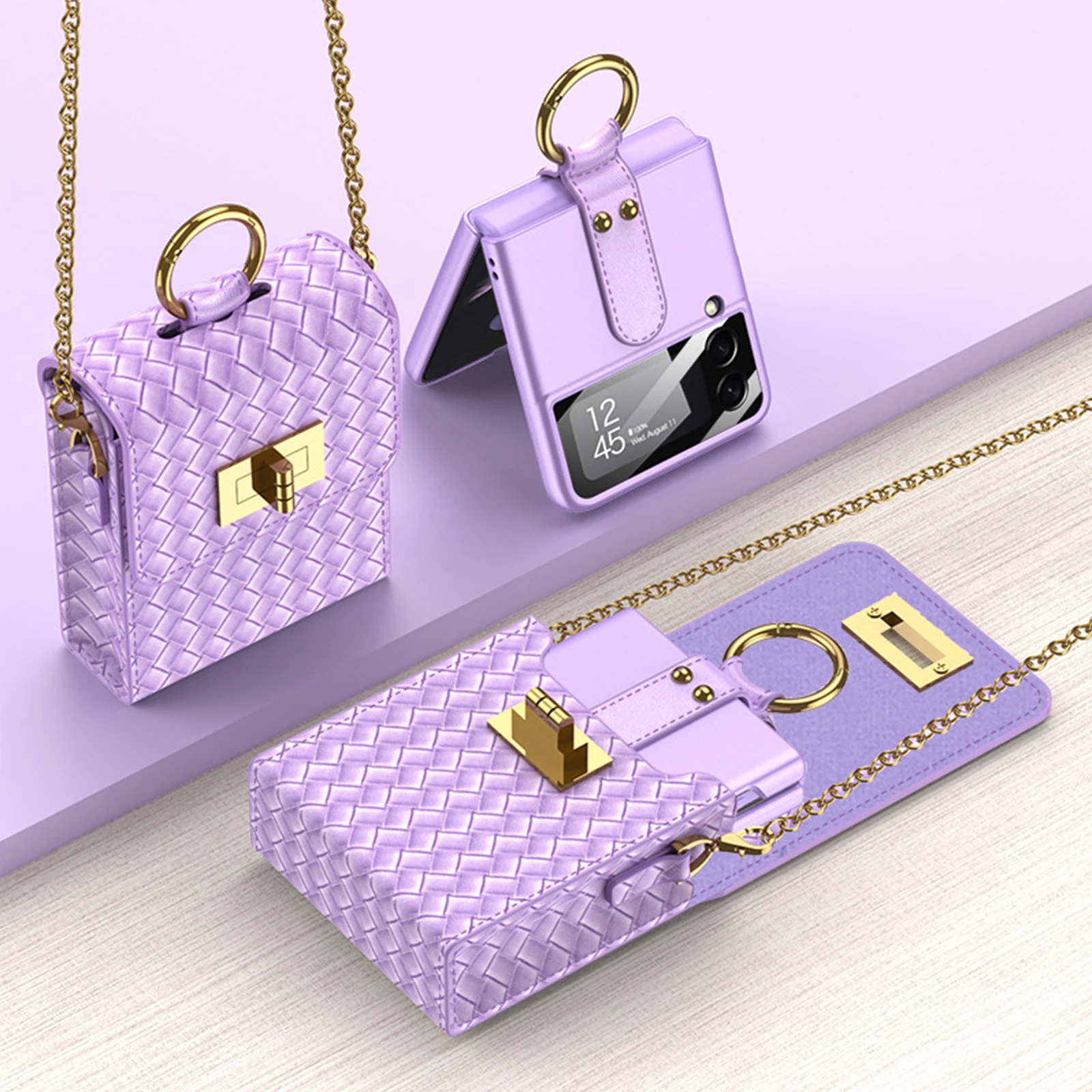 

Luxury Pu Leather Card Holder Bag Case for Samsung Galaxy Z Flip 4 5G with Crossbody Lanyard Ring Holder Phone Cover Shockproof