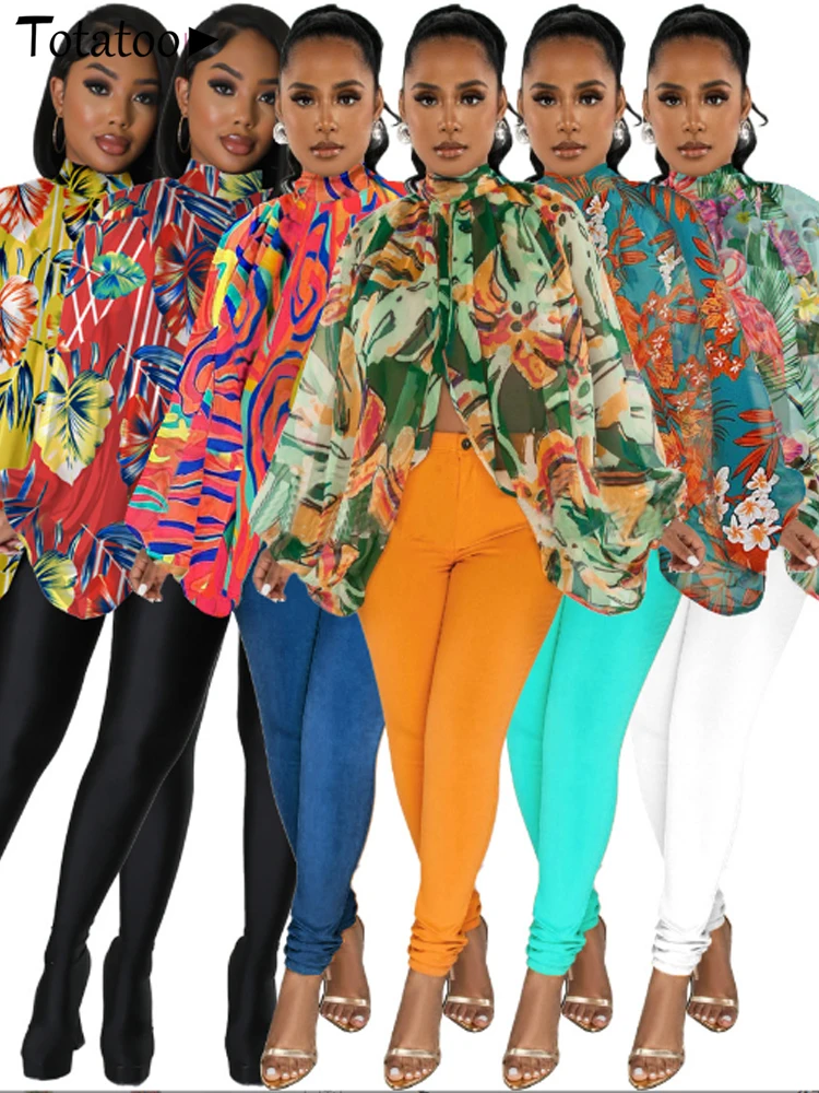 

Женская винтажная шифоновая блузка Totatoop, рубашка с цветочным принтом, с длинным рукавом летучая мышь, асимметричная прозрачная Свободная блузка, лето 2023