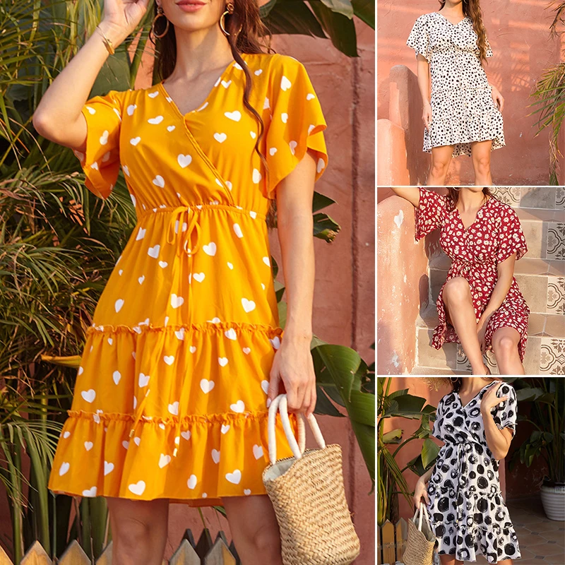 

Summer Floral Dress Casual V-Neck Tie Skirt Elegant French Dress for Women Girls Floral Dress Women Girls French Dress B99