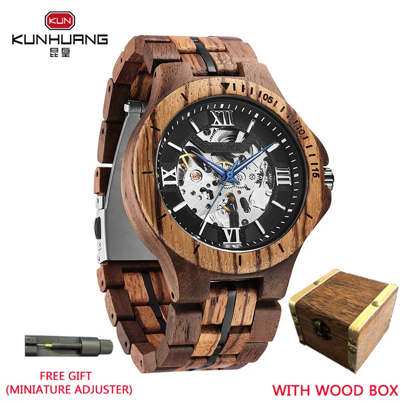 

KUNHUANG New Men's Automatic Watch Wood Mechanical Clock Skeleton Dial Luminous Hands Men's Clock Wood Watch Orologio da uomo