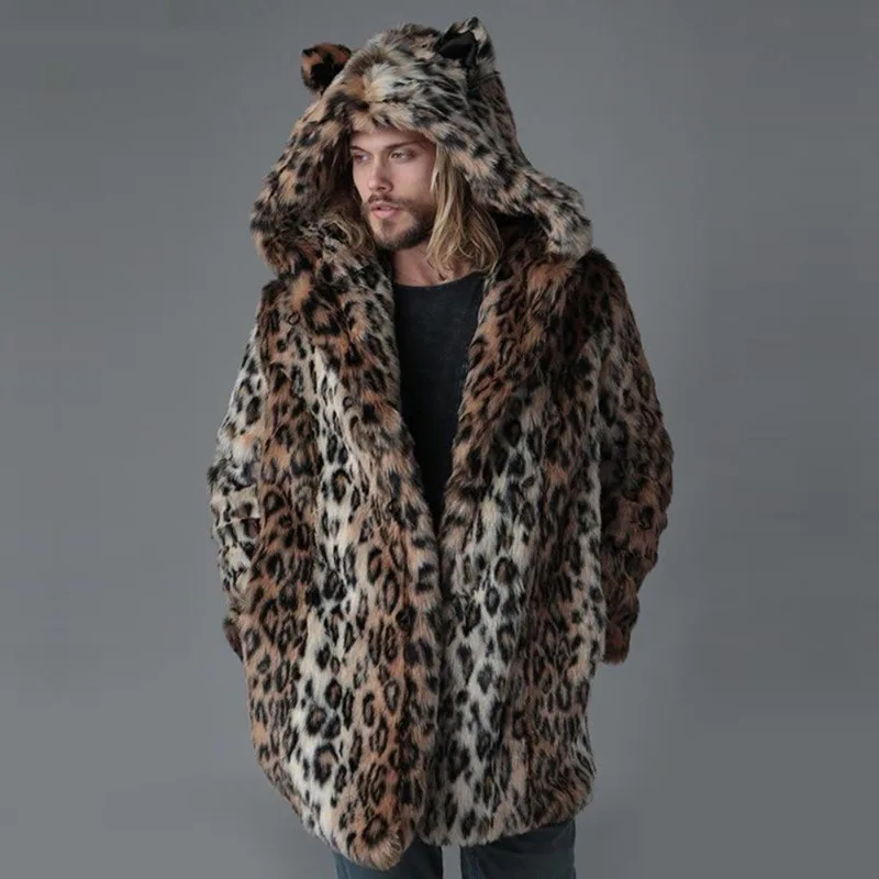 Winter Warm Jacket Men's Fur Leopard Print Leather Jacket, Long Hooded Leather Coat, Men's Thermal Fur Coat