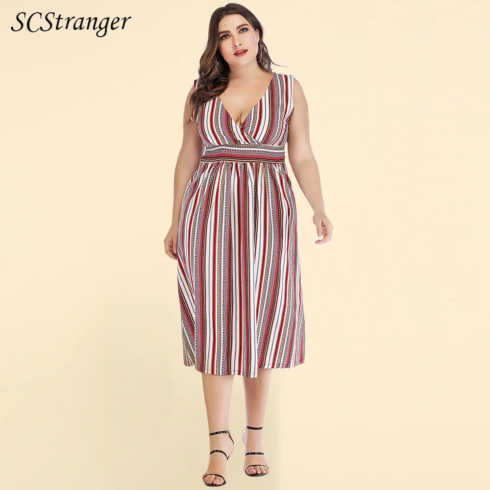 

Plus Size Dress Women Clothing 2022 New Summer Sexy V Neck Striped Vest Dress with Waist Slimming Mid Dress