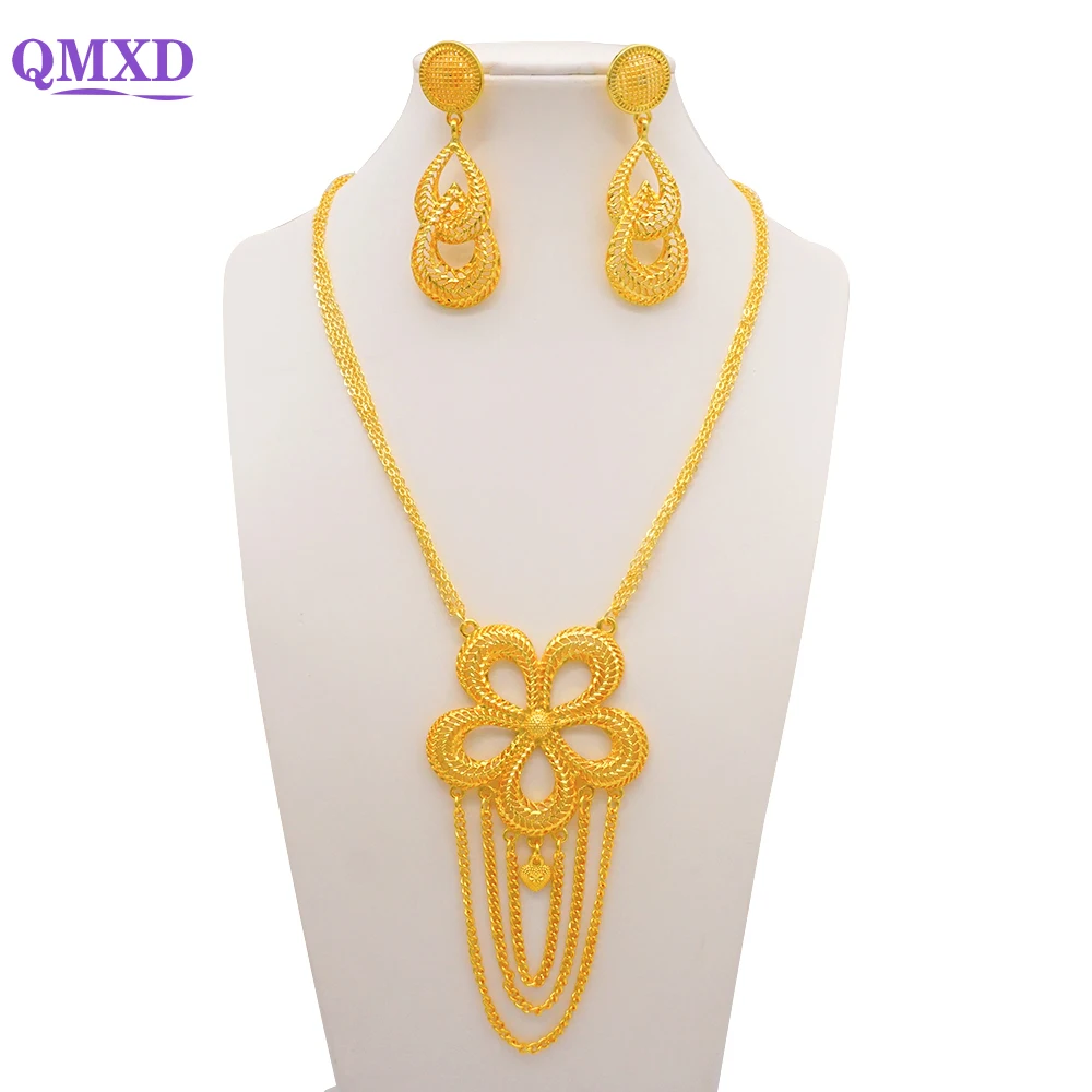 

Dubai Ethiopia Gold Color Jewelry Set For Women Long Chain Flower Tassel Necklace&Earring Sets Nigeria Arab Wedding Party Gifts