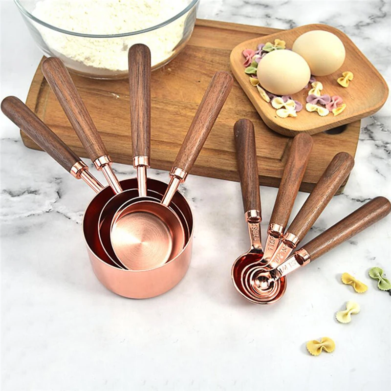 

Household Kitchen Dining Bar Baking Tools Walnut Wooden Handle Copper Plating Measuring Cups Spoon Cake Sugar Tools Set