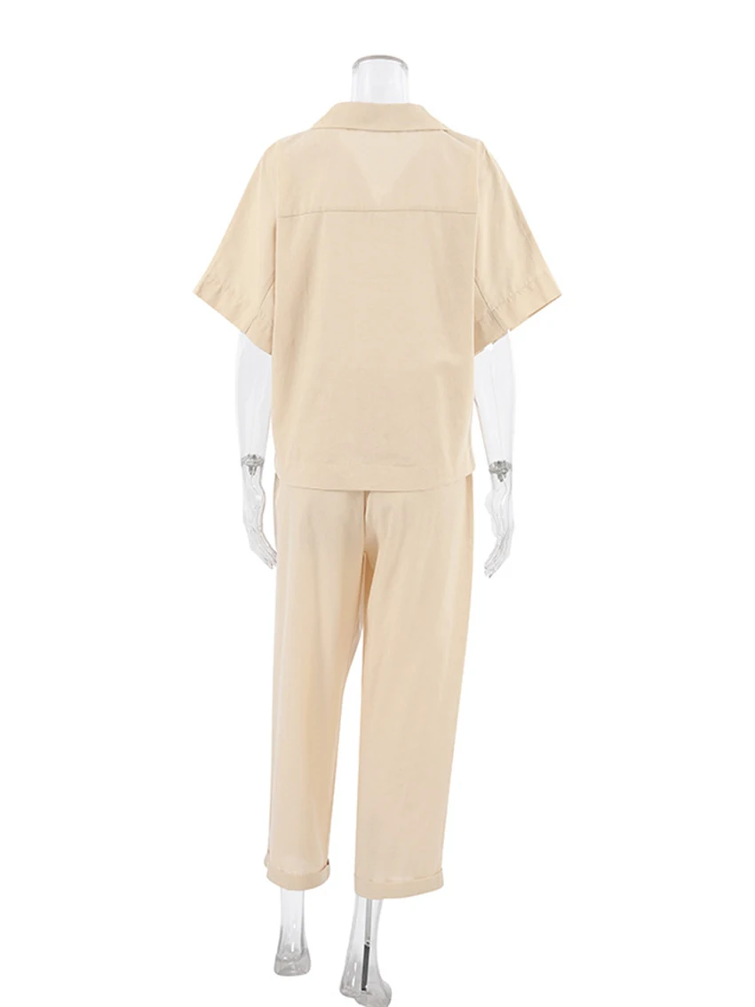 Marthaqiqi Khaki Pajamas For Women Cotton Short Sleeve Sleepwear Sexy Turn-Down Collar Nightwear Trousers Femme Pyjamas Suits