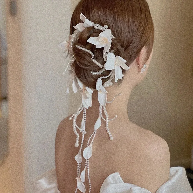 

Floral Updo Hair Accessories Wedding Bridal Headdress Headband for Women Pearl Tassel Flower Head Tiara Bride Head Piece