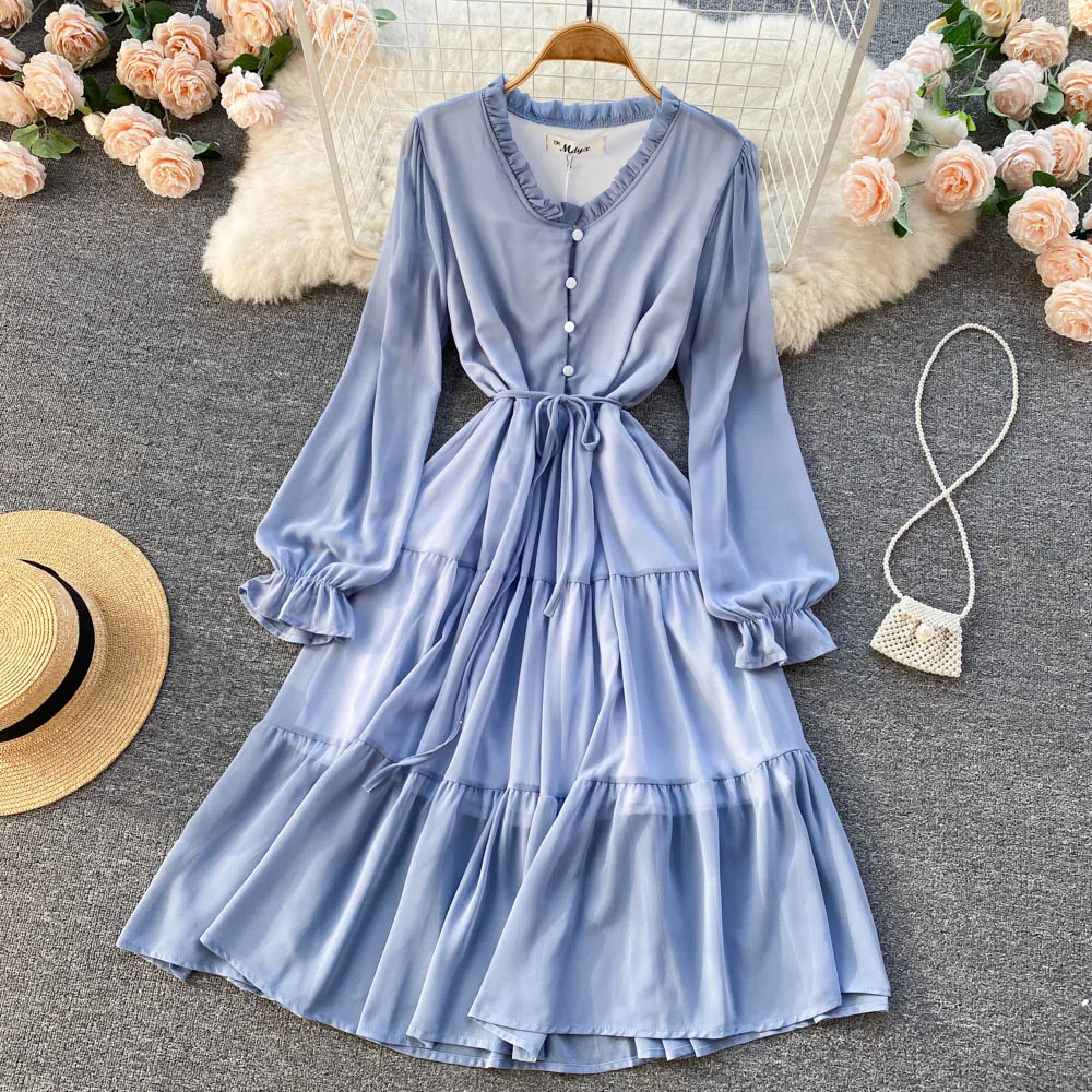 

Korean Soft Wind Lotus Leaf Edge V-neck Bubble Sleeve Dress Lace Up Waist Slim Foreign Style Aging Chiffon Dress
