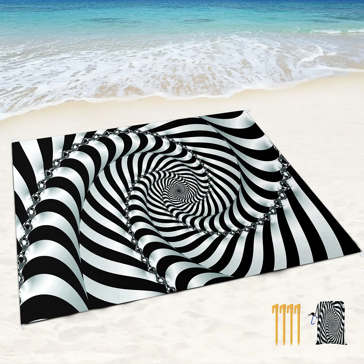 

Beach Blanket Sand Proof Black And White Spiral Abstract Art Mat with Corner Pockets and Mesh Bag for Beach Party,Travel,Camping