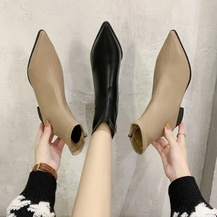 Boots 2021 chunky heeled women fashion boots web celebrity matching medium heel slim Chelsea ankle boots