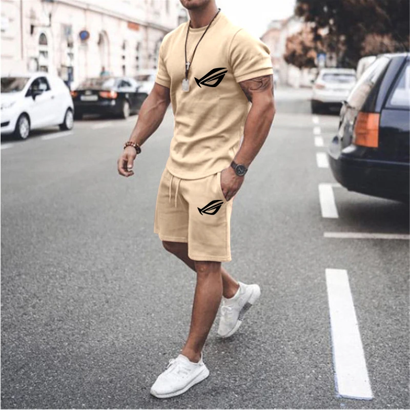 

2 Piece Set For Men Summer New Men's Fashion 2-Piece Suit Street Short T-Shirt + Shorts Casual Large Size Jogging Training Set