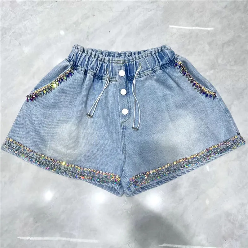 2023 Summer New Denim Shorts Exquisite Rhinestone Beaded High Waist Shorts Slimming Wide-Leg Loose Casual Short Pants Female