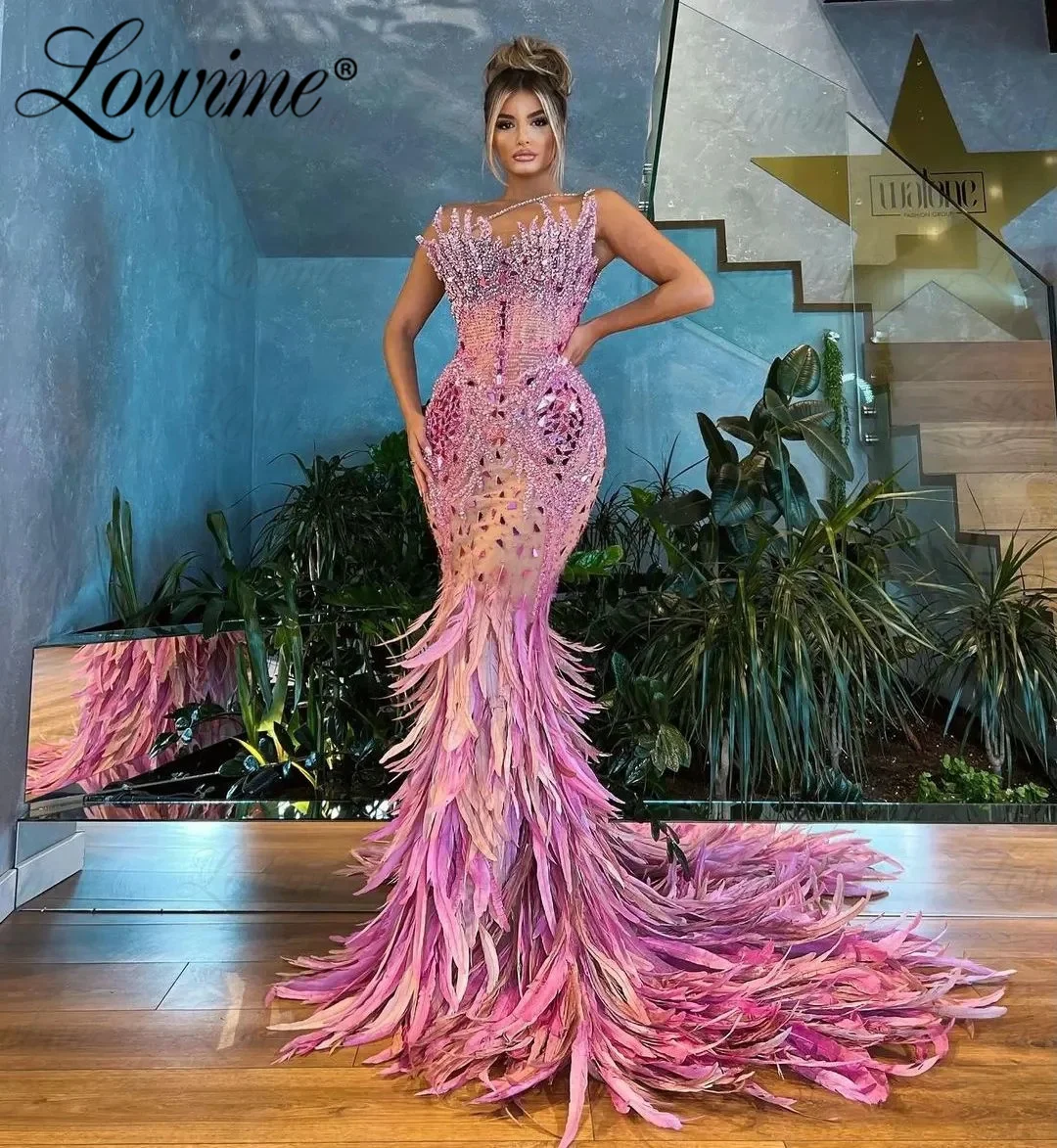 

Full Beaded Pink Party Dress Women Luxury Long Prom Dresses 2023 Arabic Abendkleider Mermaid Crystals Feather Celebrity Dressess