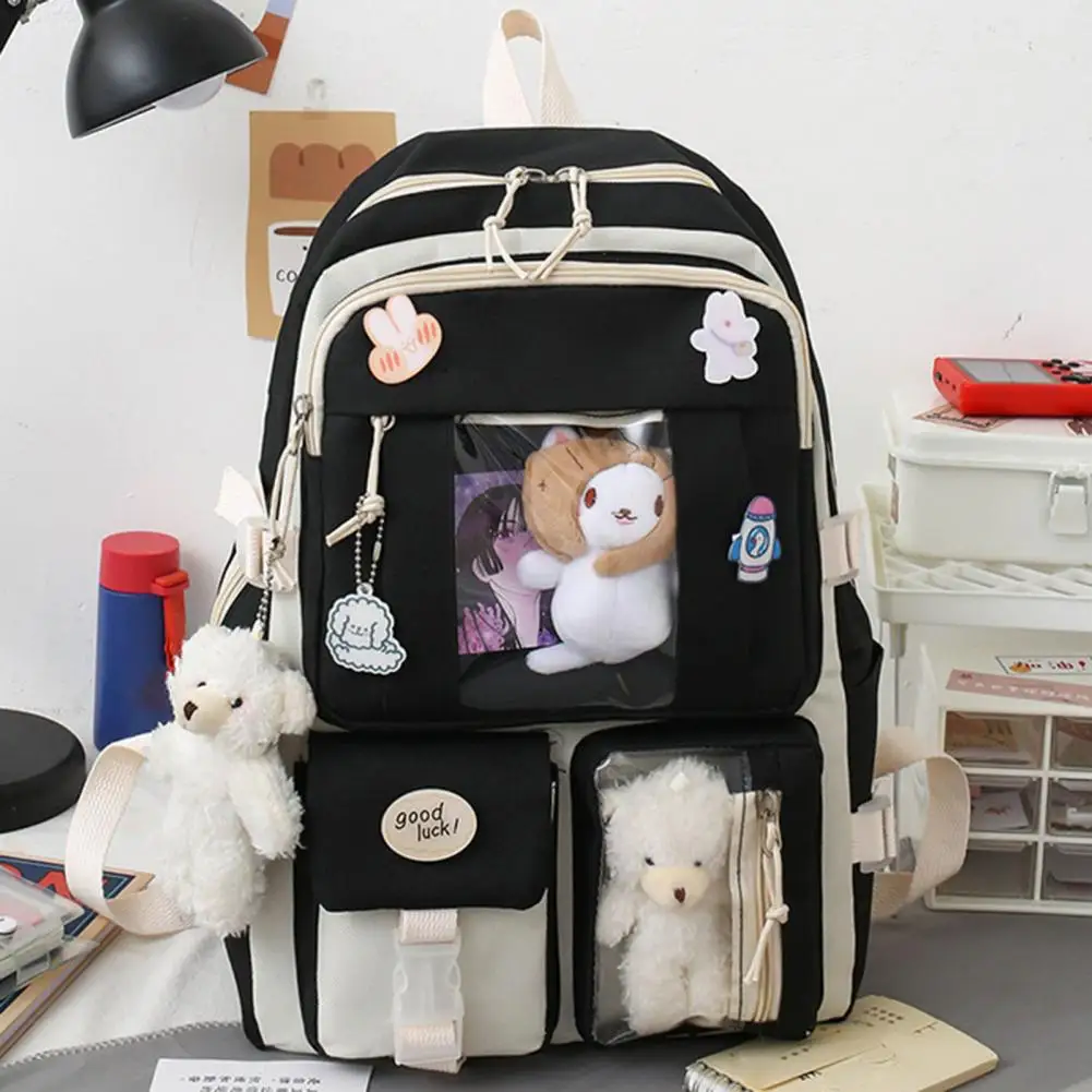 Popular Korean Style Canvas Smooth Zipper Anti-scratch Bookbag Messenger Bag Student Backpack Girls Backpack 5Pcs/Set