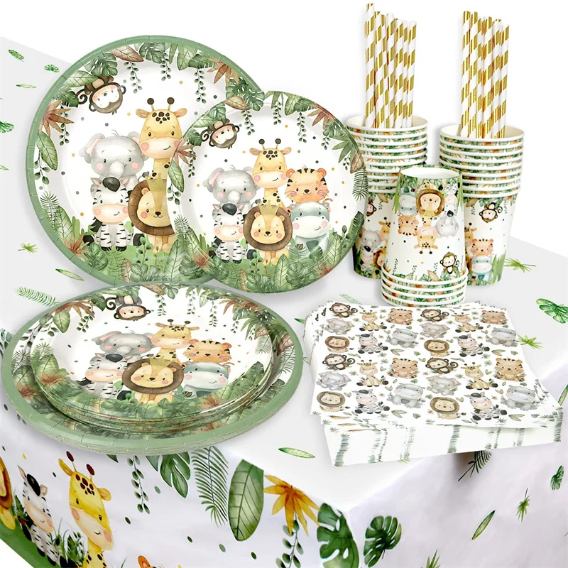 

Baby Shower Disposable Party Tableware Set Jungle Safari Animals Birthday Party Decoration Boy Girl Gender Reveal Party Supplies