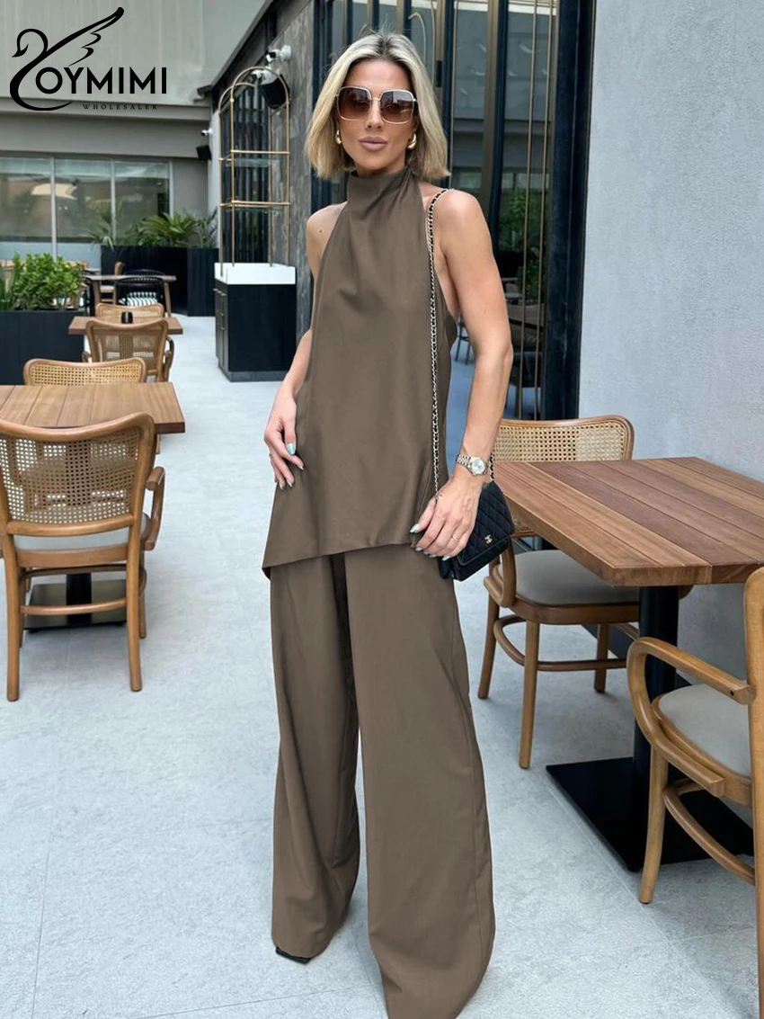 

Oymimi Sexy Loose Brown 2 Piece Sets Women Outfit 2024 Fashion Sleeveless Backless Tank Top With High Waist Wide Pant Set Female