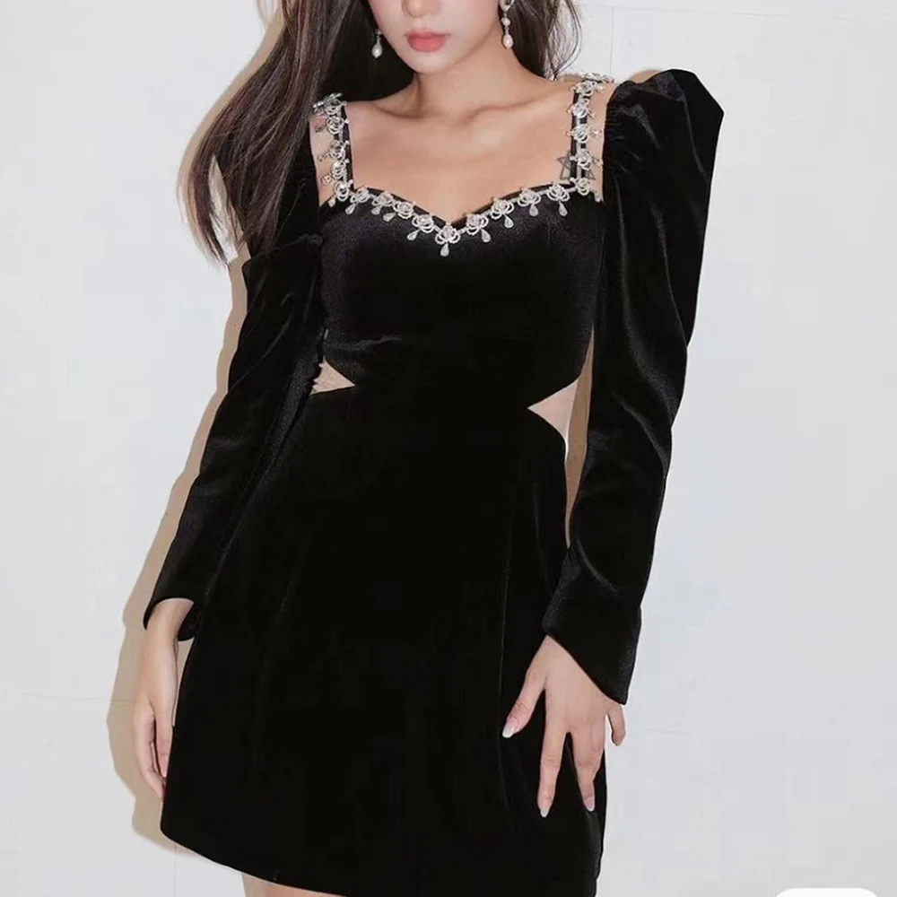 Sexy V Neck Diamond Crystal Black Velvet Dress Open Waist Slim Mini Dress Designer 2022 New Summer Women's Club Party Vestidos