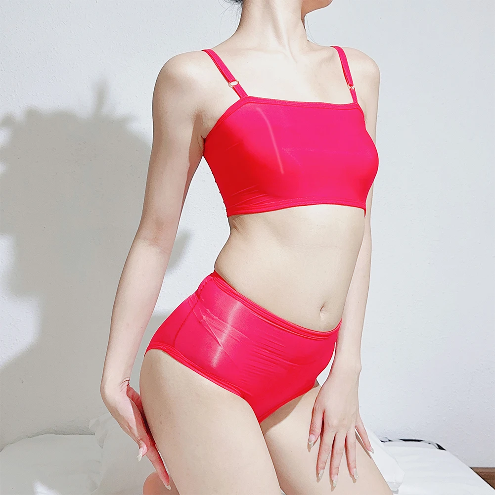 

Women Sexy Lingerie Bra Set Nightwear Perspective Sleepwear Oil Shiny Glossy Tops Briefs Underwear Outfit Temptation Lingerie
