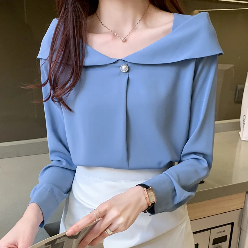 

Spring Long Sleeve Chiffon Blouse Shirt Tops Blouse Women Blusas Mujer De Moda 2022 Slash Neck Women Blouses Shirts Blusa