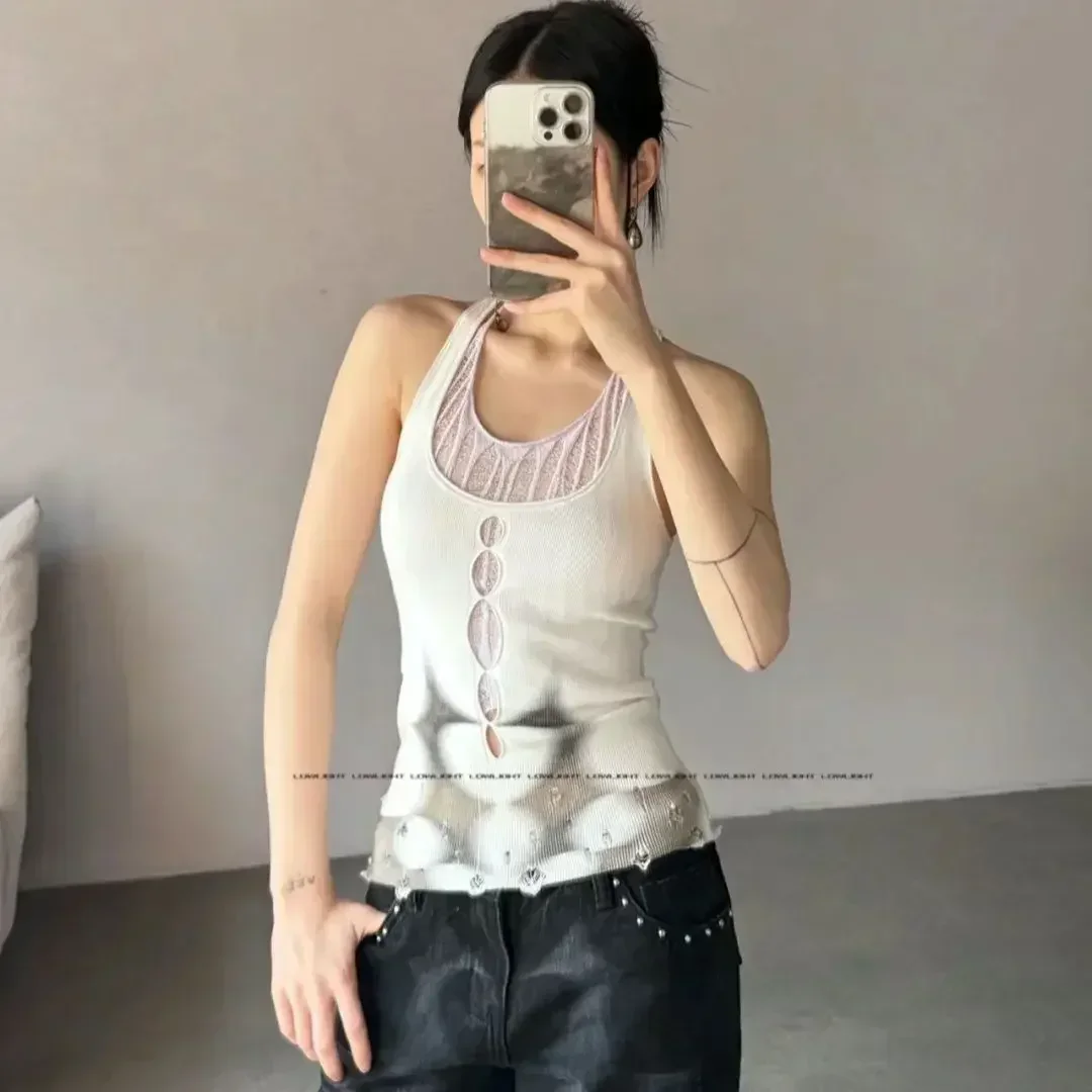 Горячая девушка ажурная бретелька рваный сексуальный жилет летняя основа