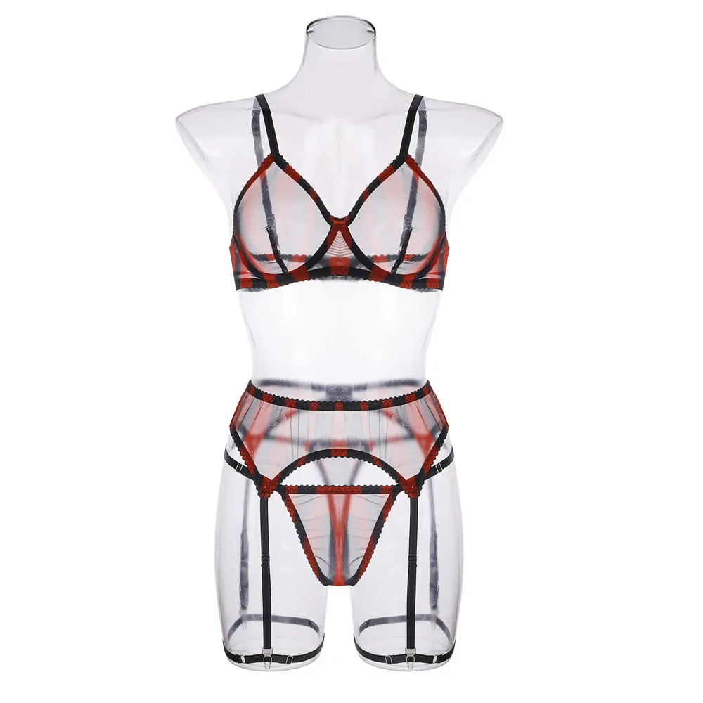 Europe and America sexy thin leopard bra suit mesh printed underwear women's garter belt