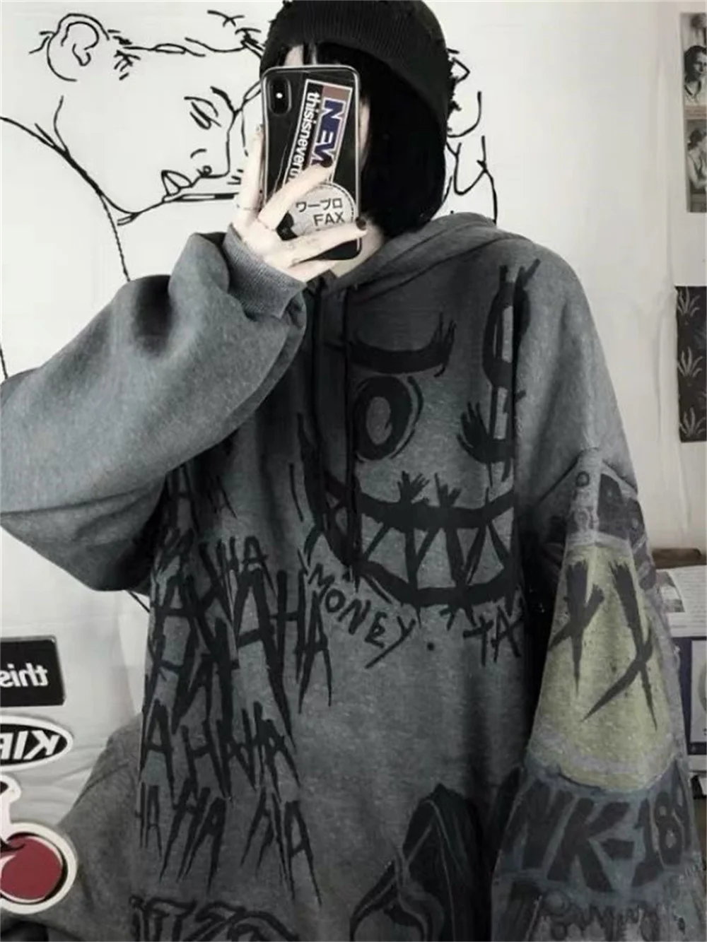 Женская толстовка с капюшоном в стиле Харадзюку Свитшот гранж-эмо топ оверсайз